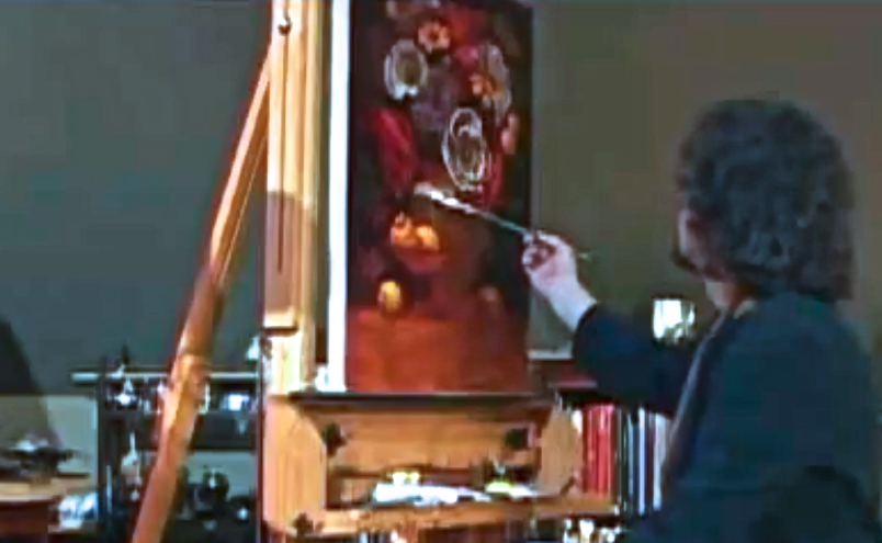 "The artist at work in studio"